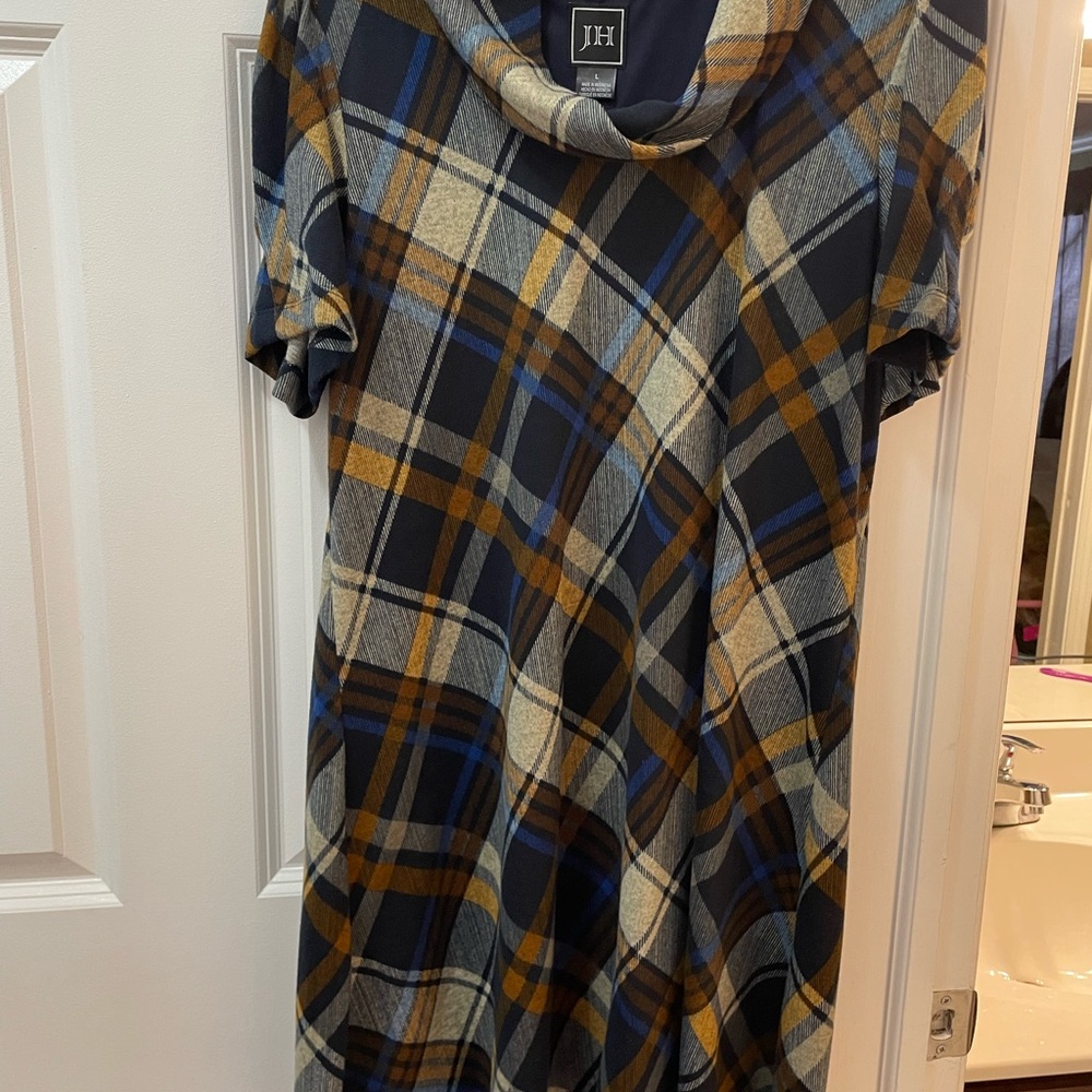 JH Plaid Cowl Neck Dress - Blue and Brown